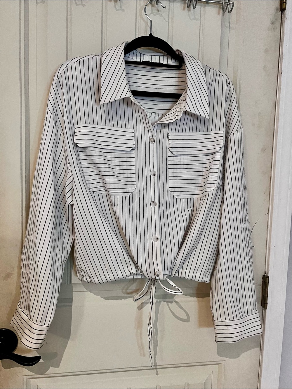 Adrianna Papell White Shirt with Black Pinstripes